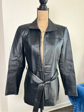 Black Leather Belted Jacket - Women's Sleek Zip-Front Coat